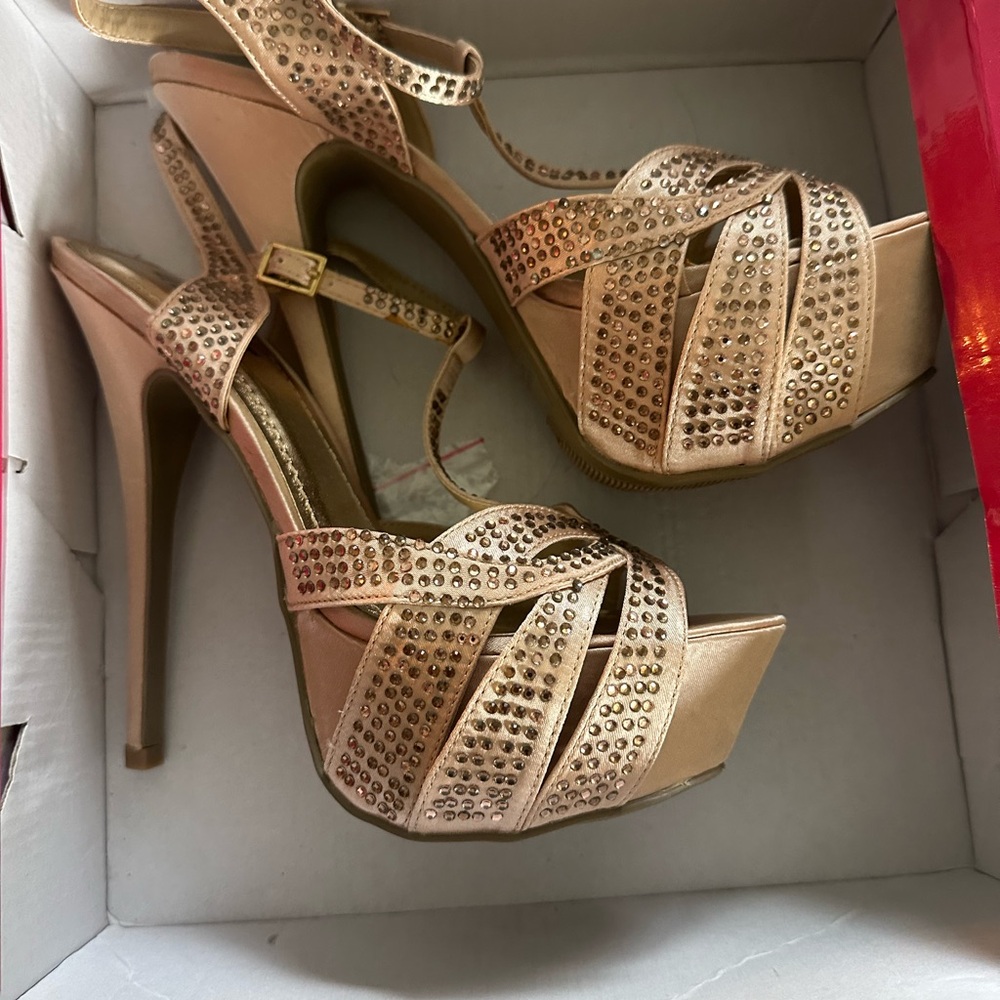 Alba Tan Embellished High Heel Sandals